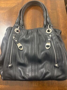 b. makowsky Black Pebbled Leather Shoulder Bag with Silver Hardware